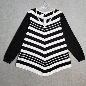 Avenue Women Sweater 14 16 Black White Striped V Neck Long Sleeve Polyester NWT